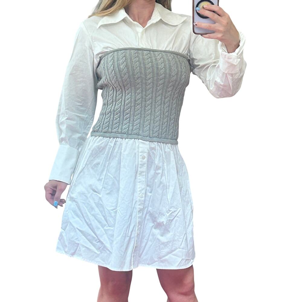 En Saison Waverly Cable Knit Corset Layered Shirt Dress NWT S Ivory Grey Preppy